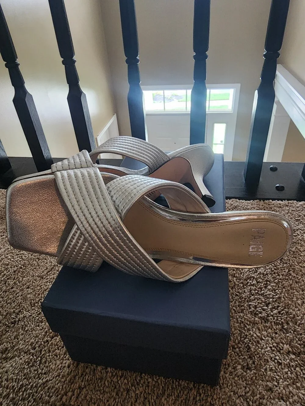 PAIGE Metallic Silver Cross-Strap Slide Heels